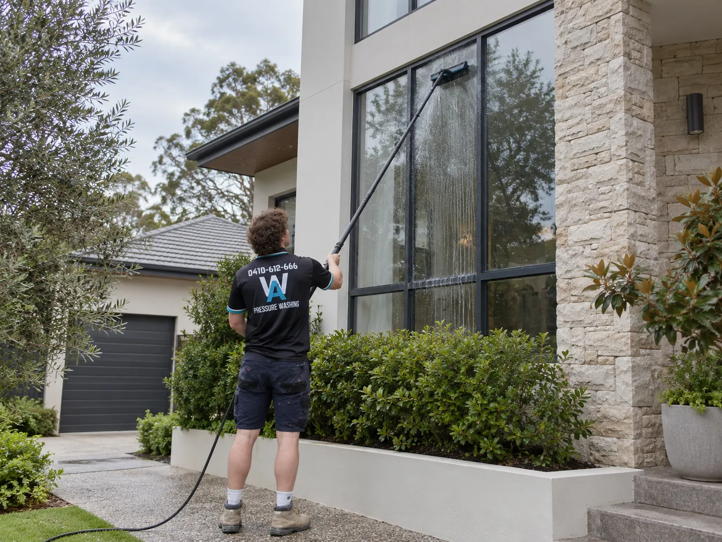 AW technician cleaning large exterior windows with a water-fed pole