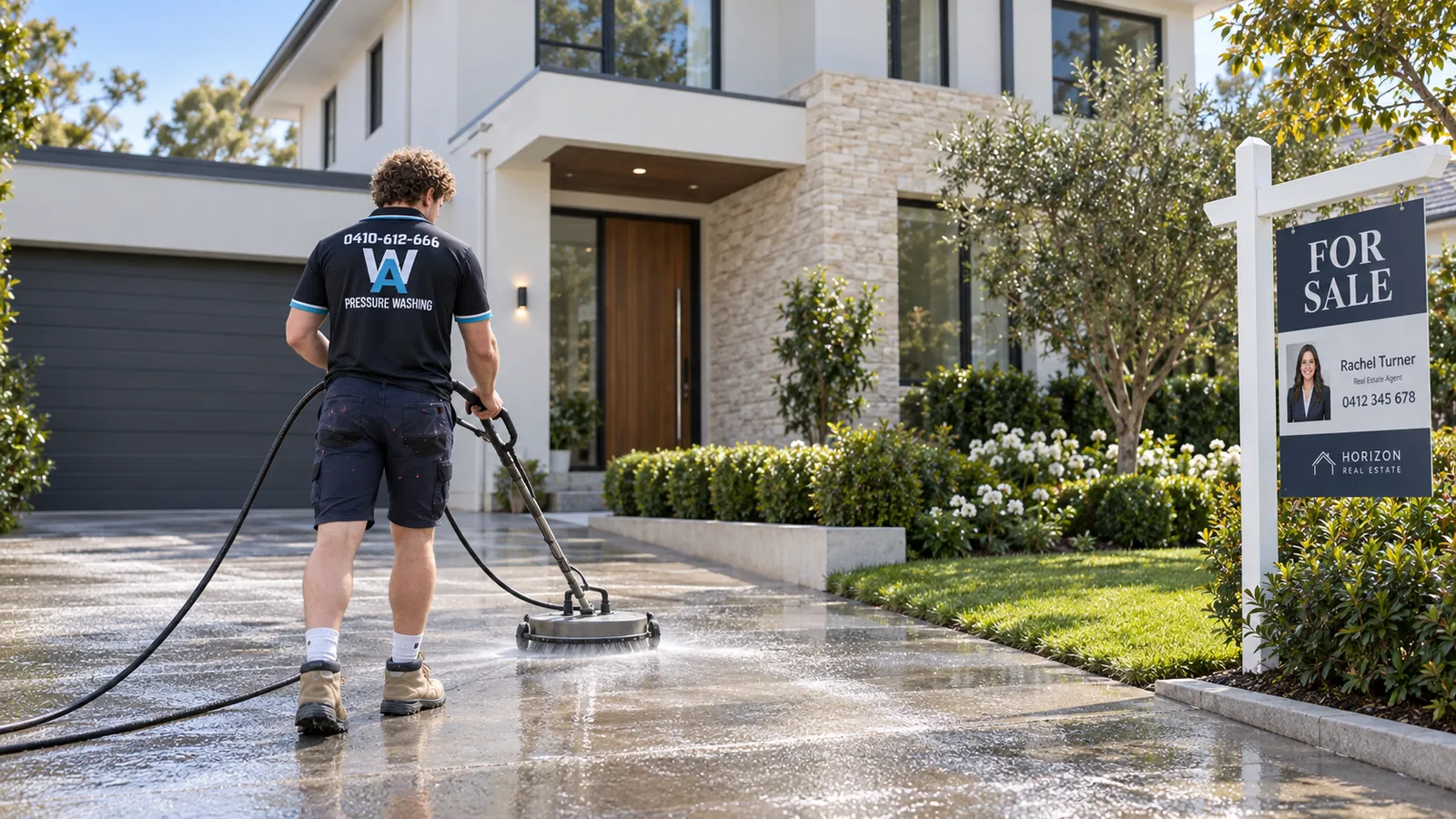 AW Pressure Washing cleaning the driveway of a Sydney home for sale