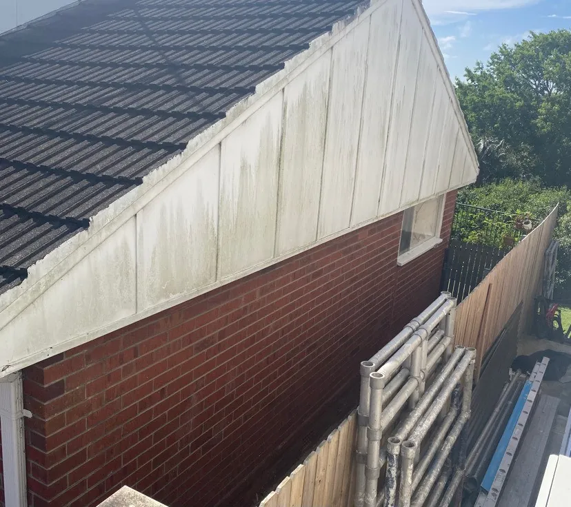 Gable end before cleaning — white panels stained green with algae