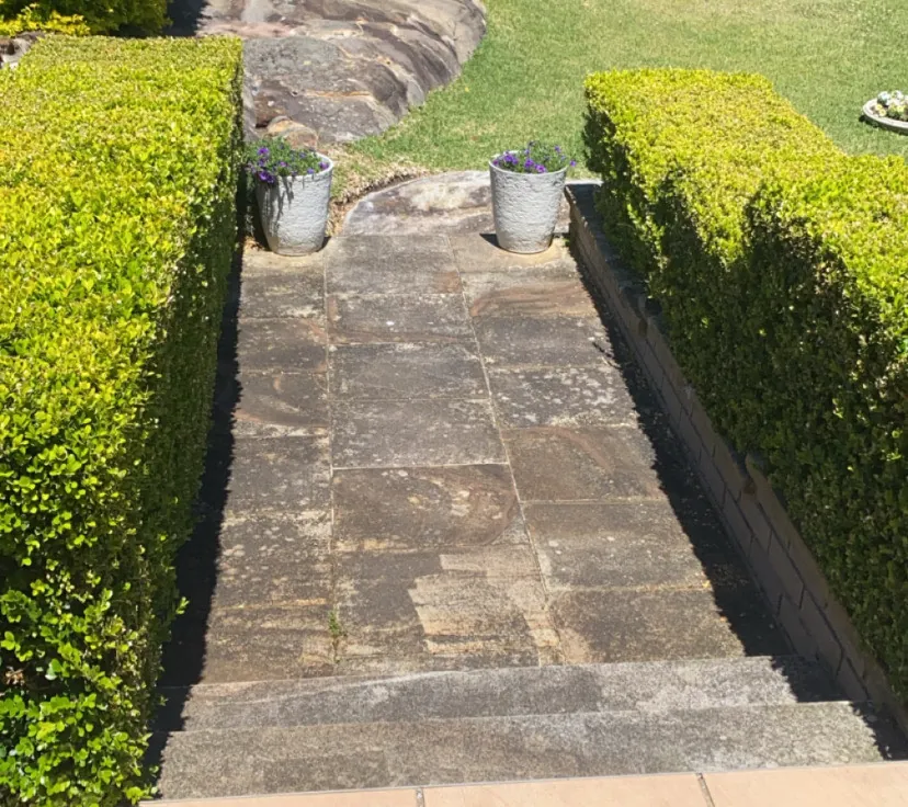 Sandstone garden path before cleaning — blackened by grime