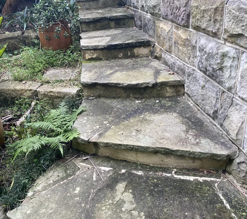 Sandstone garden steps before cleaning, covered in lichen and grime