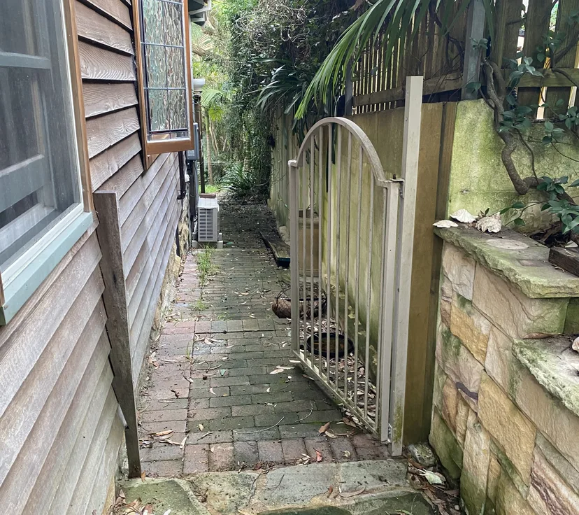 Brick side path before cleaning, dark with moss and grime