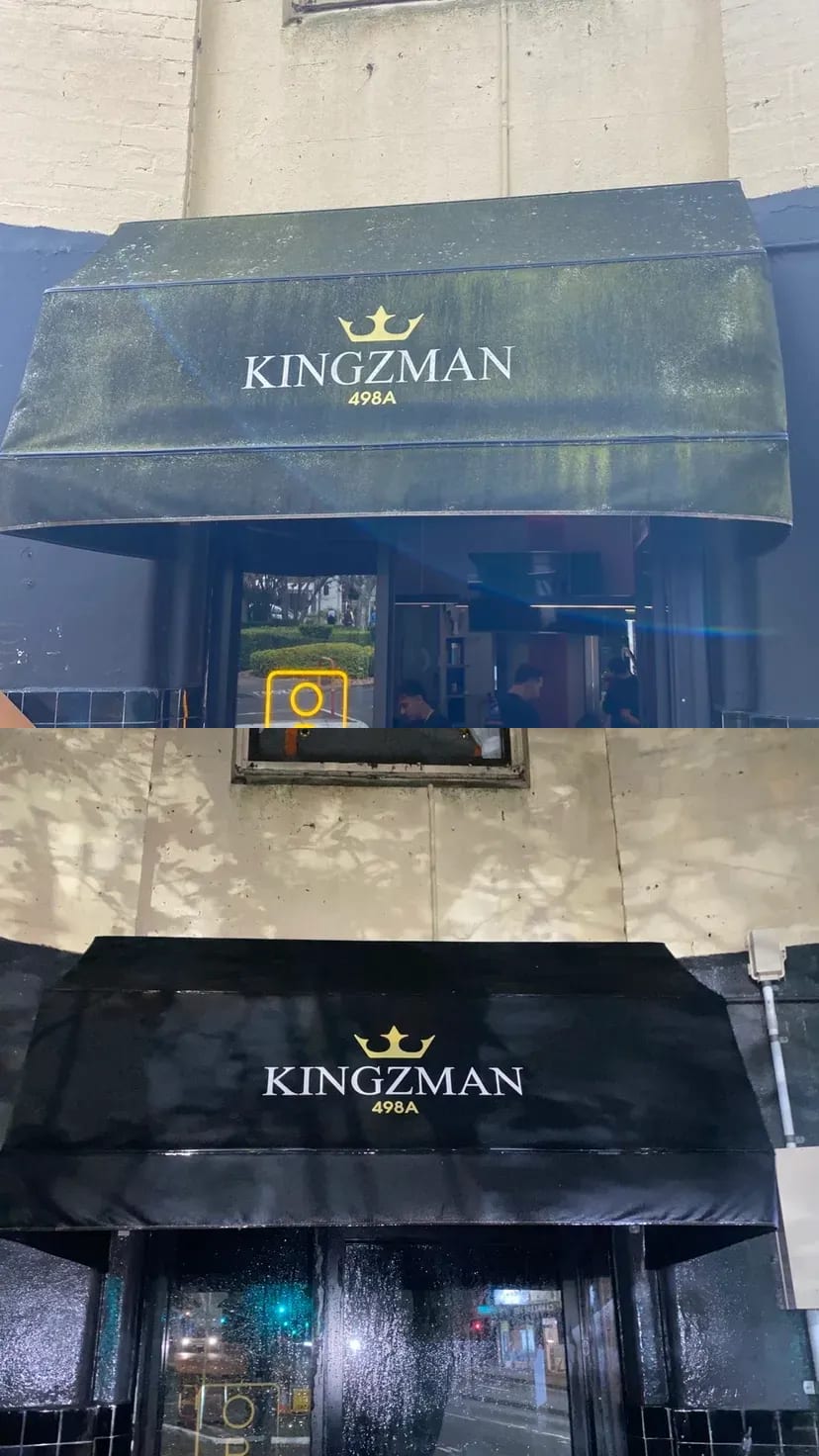 Mould-covered shopfront awning, before and after soft washing, Crows Nest