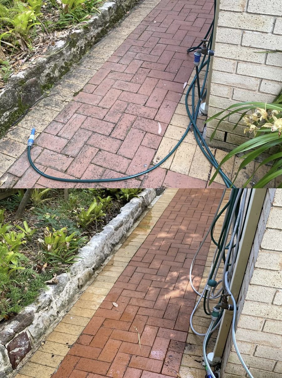 Brick path and sandstone garden edging — before and after pressure cleaning, Sydney