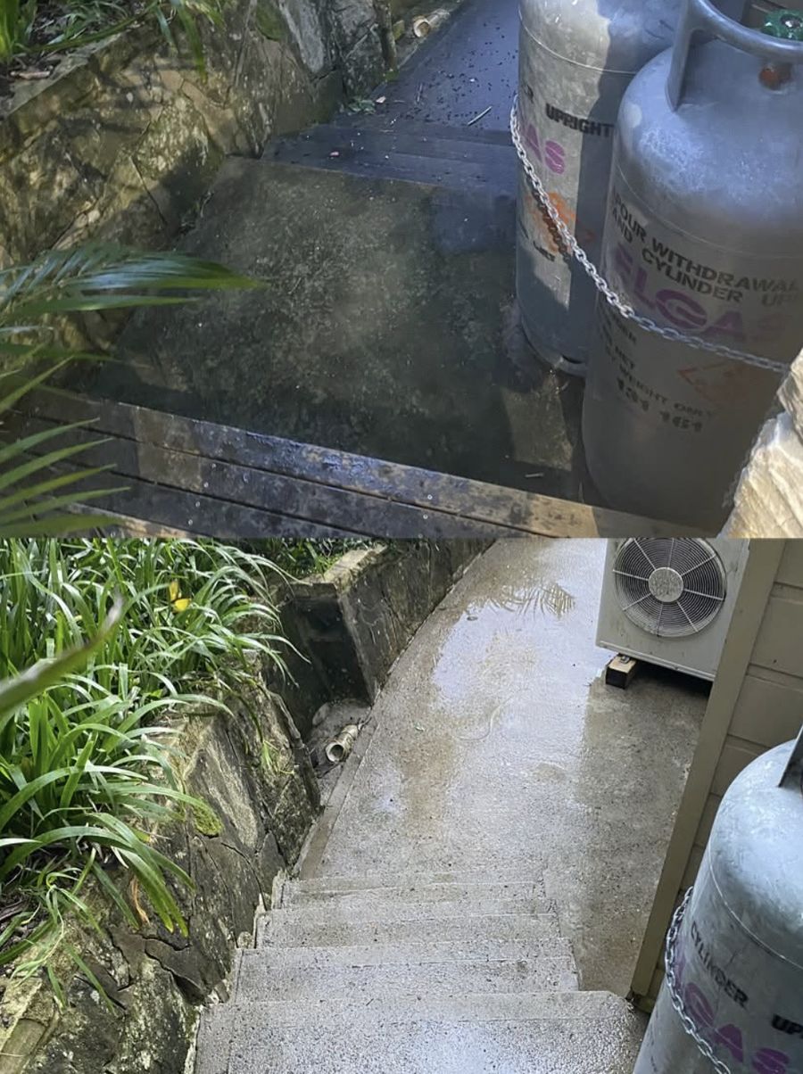 Concrete stairs and landing — before and after pressure cleaning, Sydney