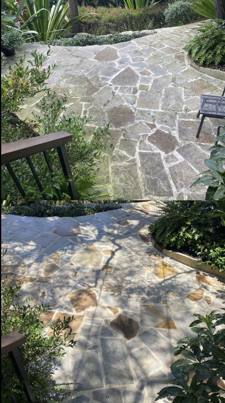 Crazy paving / flagstone path — before and after pressure cleaning, Sydney