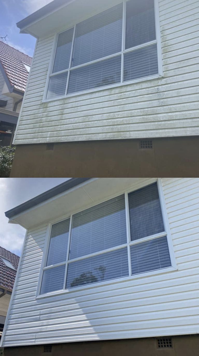 Weatherboard house cladding — before and after soft washing, Sydney