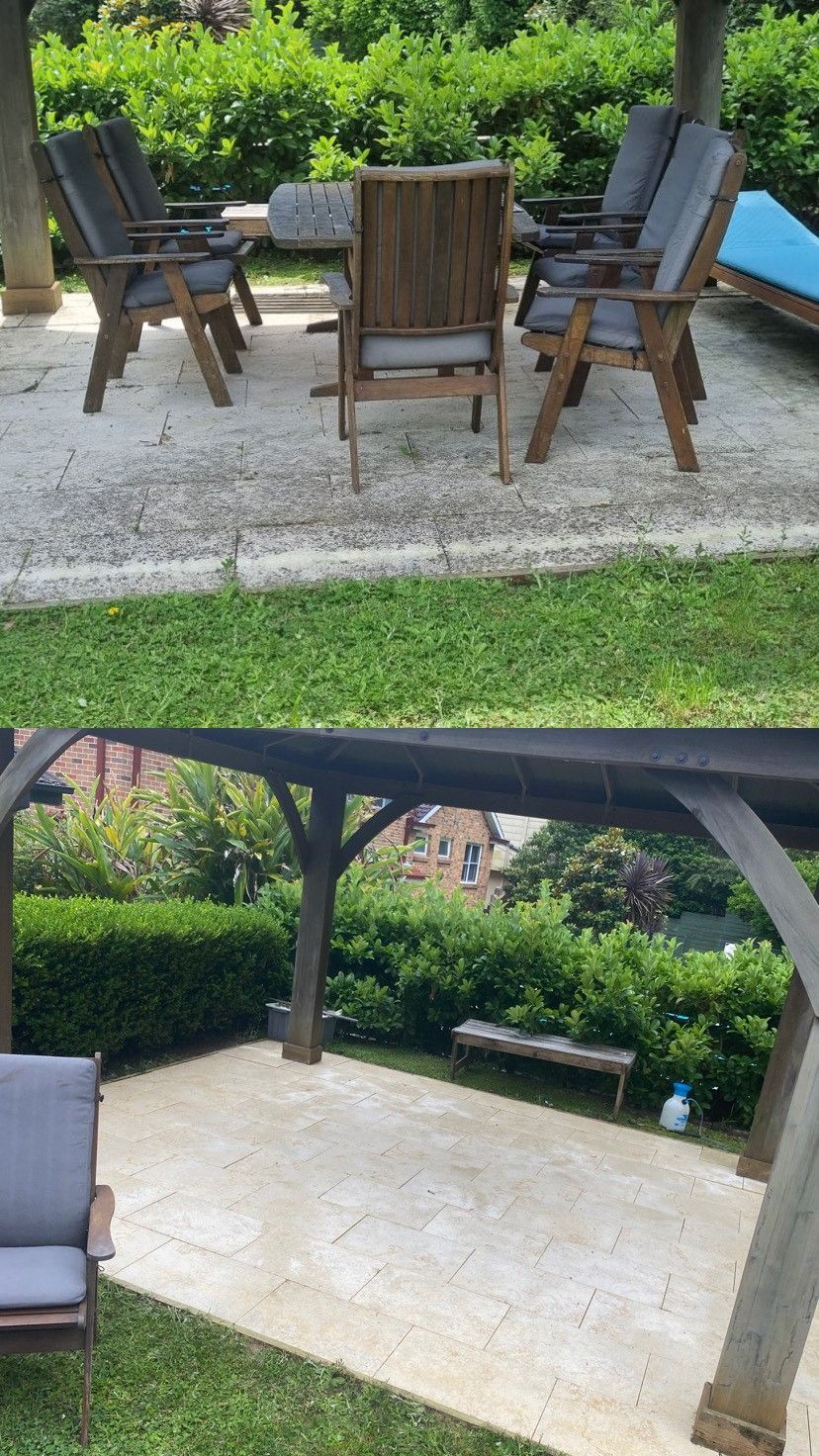 Travertine patio and outdoor entertaining area — before and after pressure cleaning, Sydney