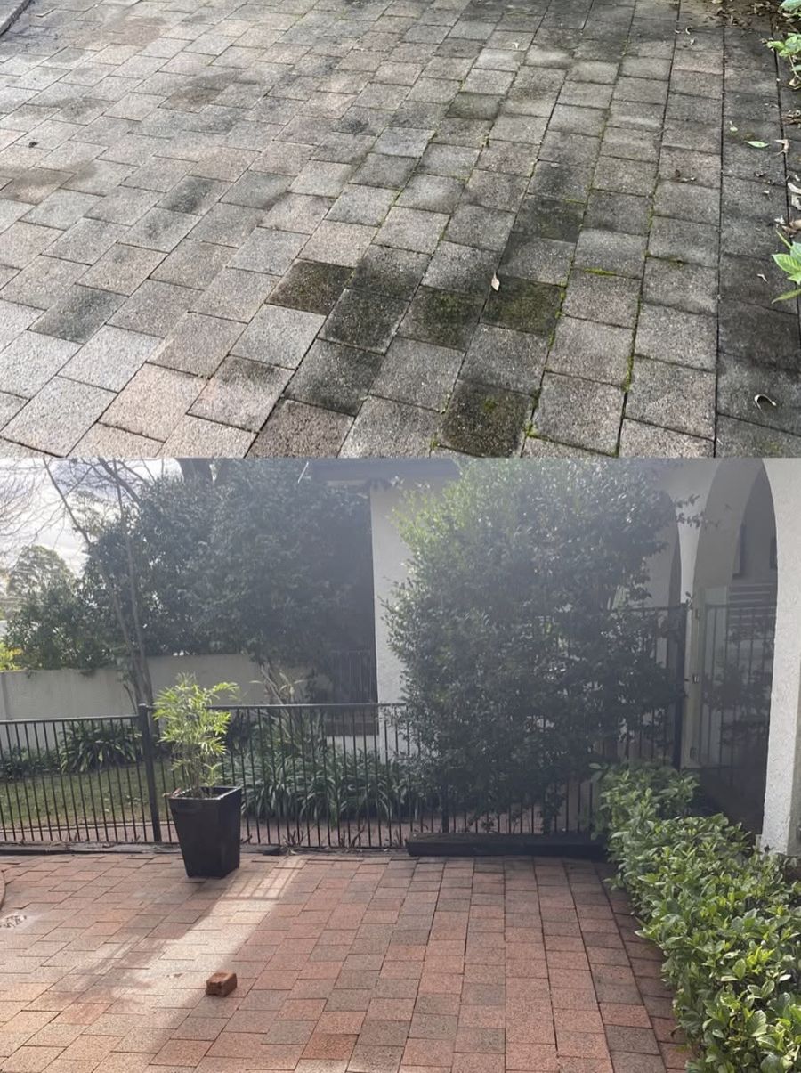 Paver driveway and courtyard — before and after pressure cleaning, Sydney