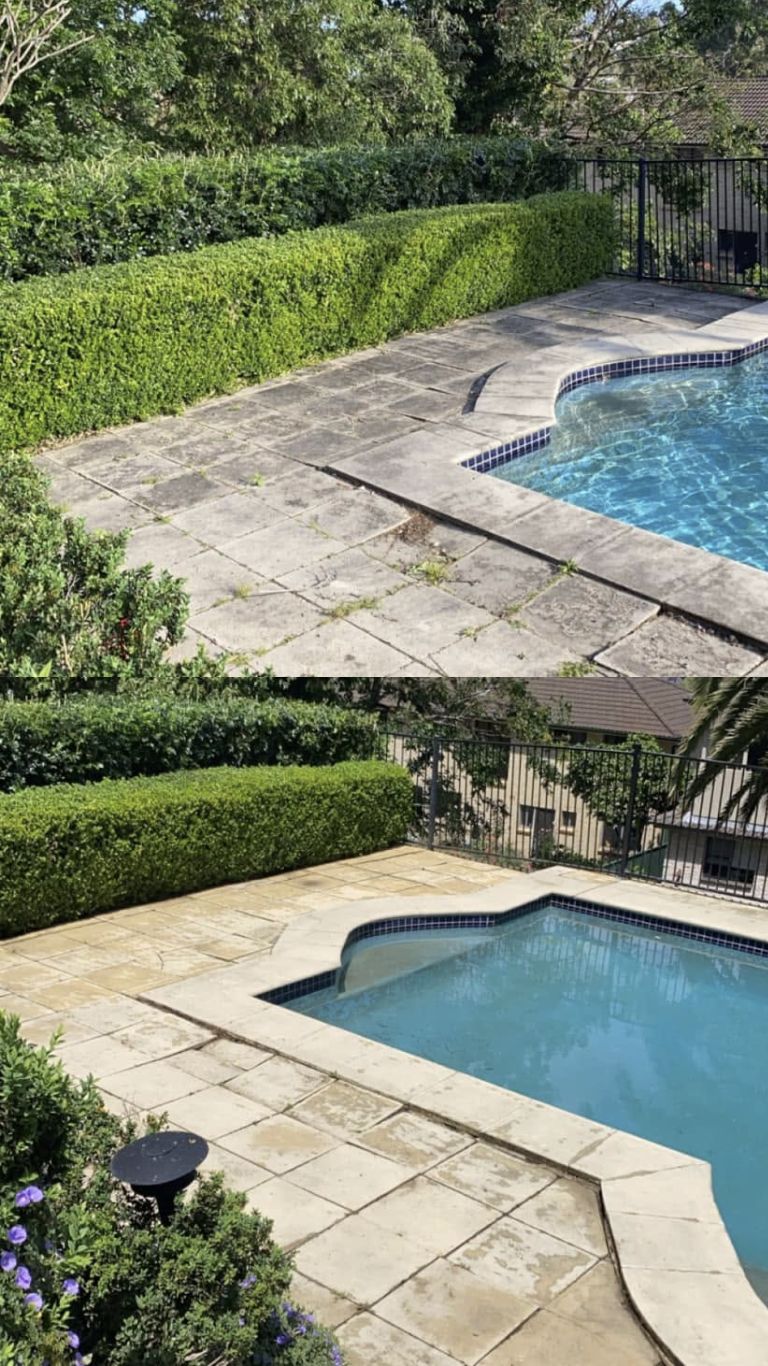 Pool surround and coping — before and after pressure cleaning, Sydney