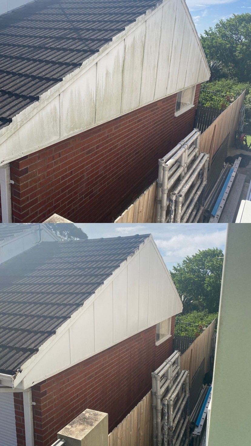 Tiled roof and render gable — before and after soft washing, Sydney