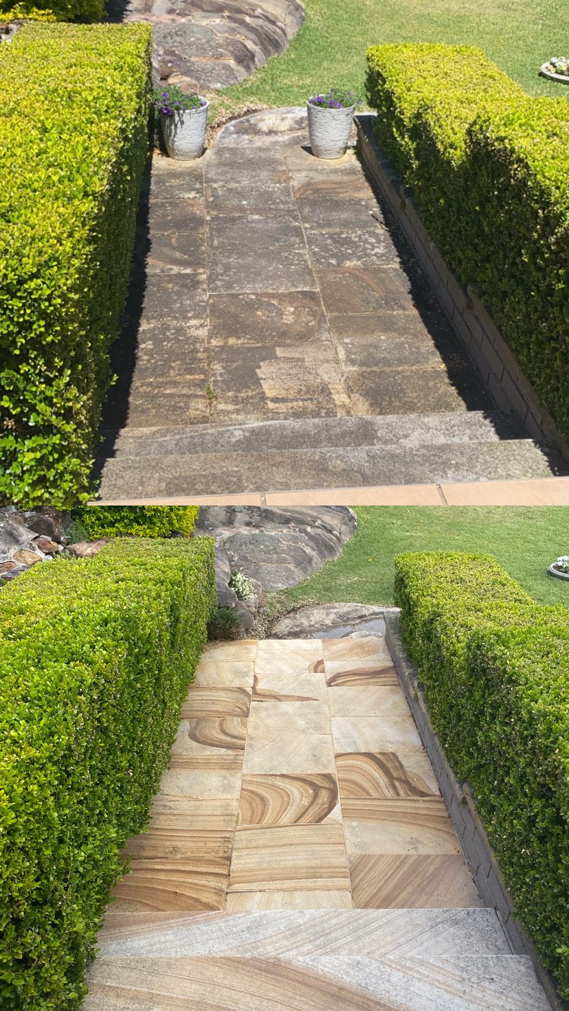 Sandstone garden path between hedges — before and after pressure cleaning, Sydney