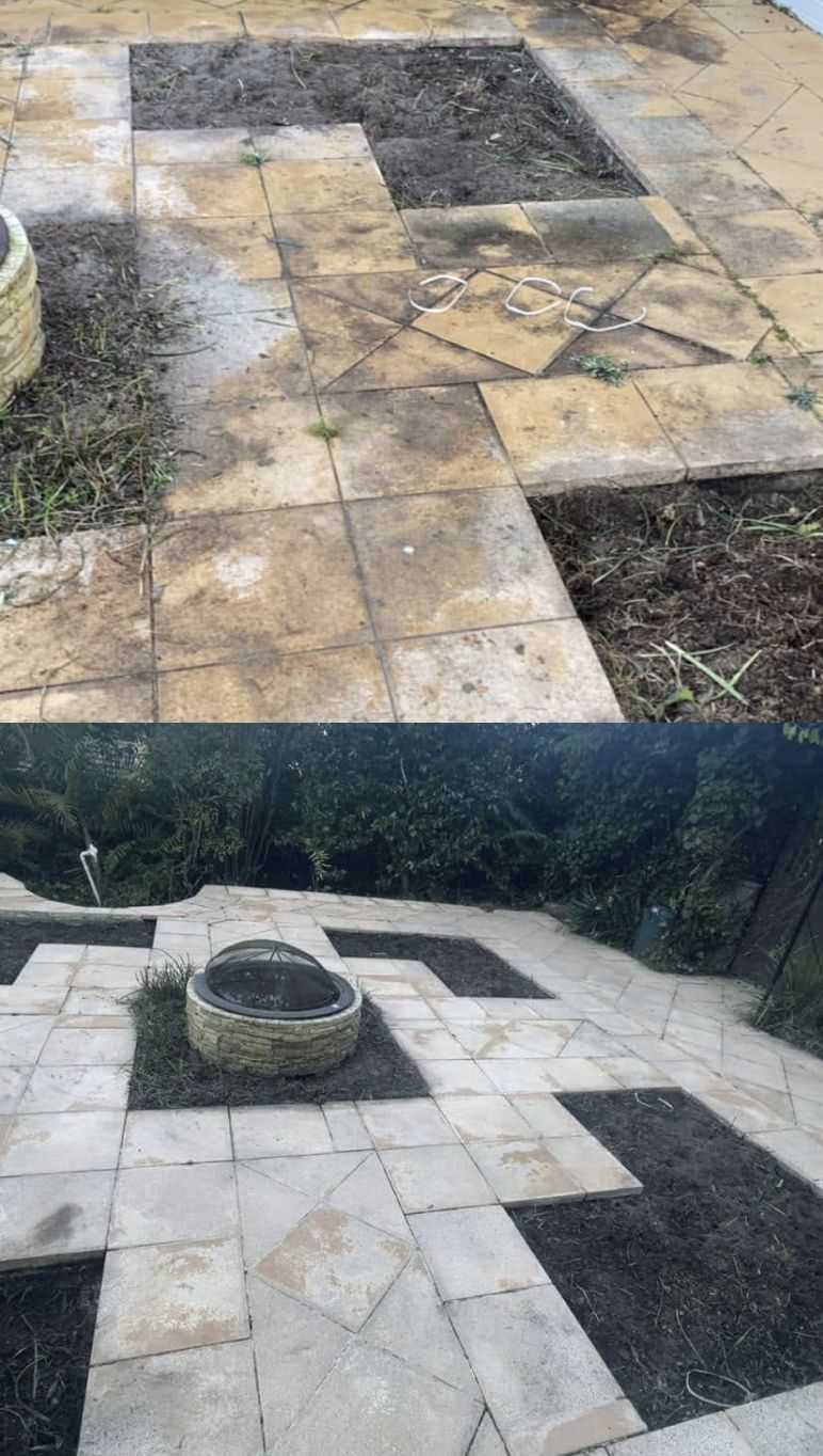 Sandstone paving and water feature — before and after pressure cleaning, Sydney