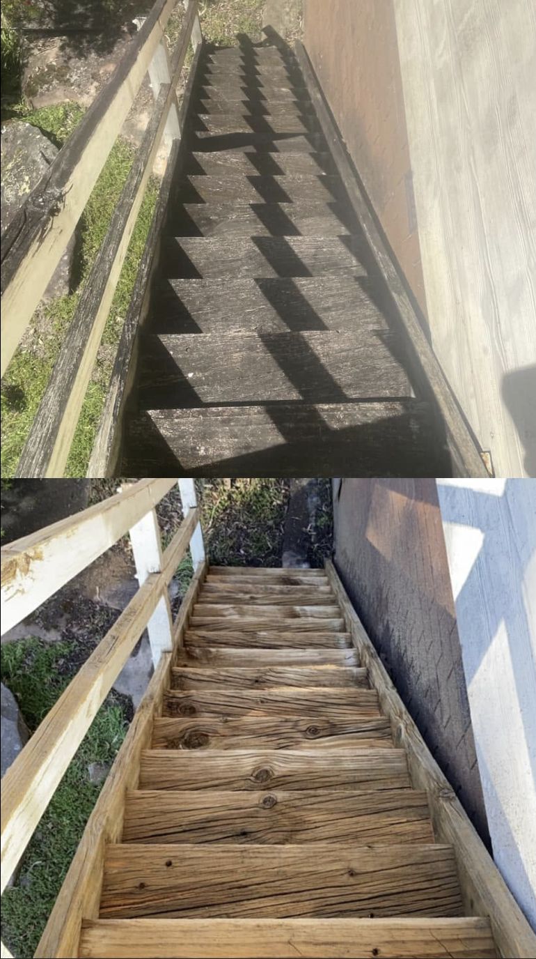 Timber garden stairs — before and after cleaning, Sydney